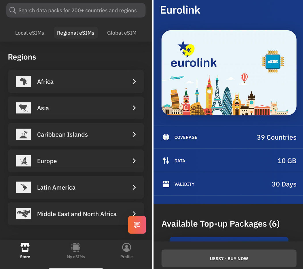 Покупка eSIM для Европы через приложение Airalo